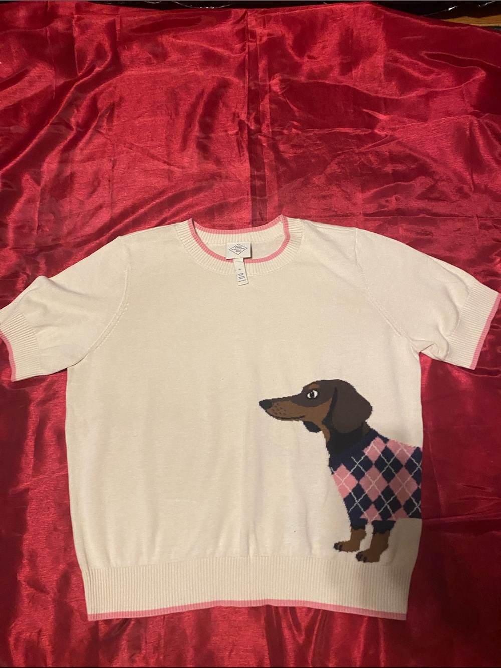St. John's Bay White Short-Sleeve Dog Sweater with Pink Argyle Dachshund